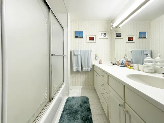 a bathroom with a sink a mirror and a shower
