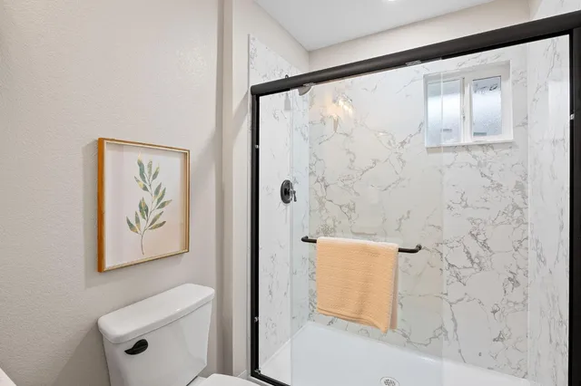 a bathroom with a shower and a toilet