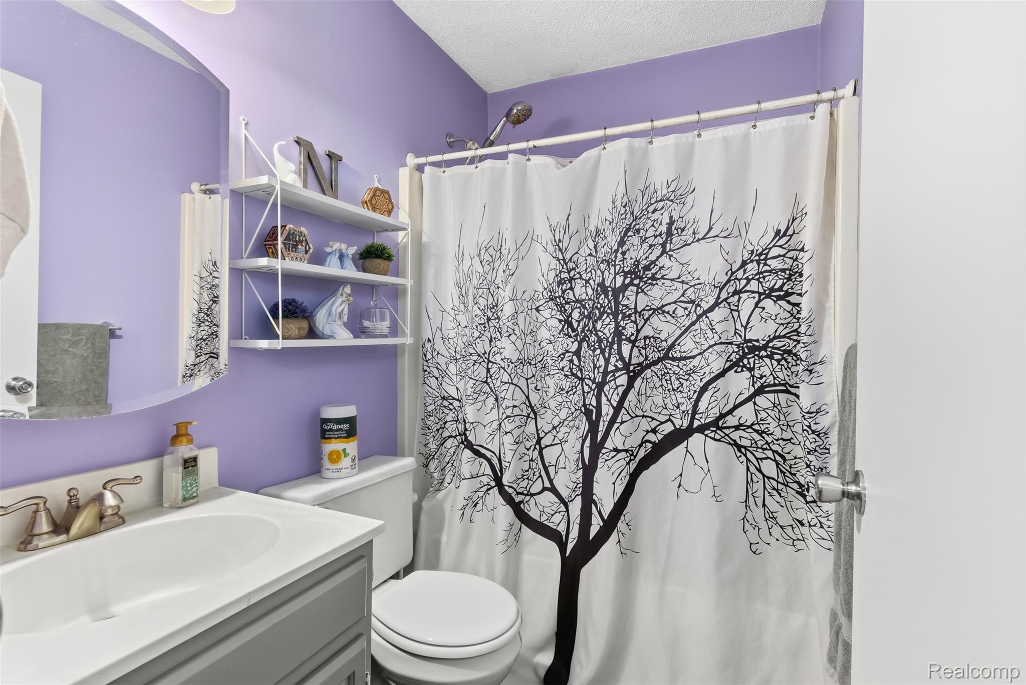 14433 Tuscola Road Clio, MI 48420 - Photo 20 of 43 Full bathroom featuring a shower with shower curtain, vanity, and a textured ceiling