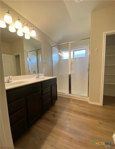 a bathroom with a double vanity sink mirror and shower