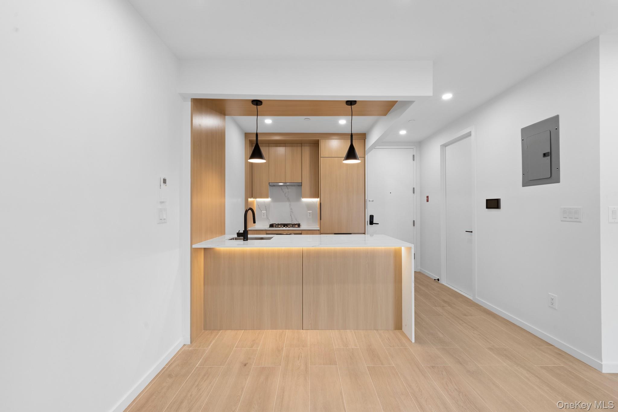 366 Harman Street, Unit 3R Brooklyn, NY 11237 - Photo 9 of 19 Kitchen with light brown cabinetry, modern cabinets, a peninsula, recessed lighting, and electric panel