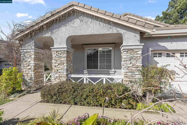 a view of a house with a small yard plants and large tree