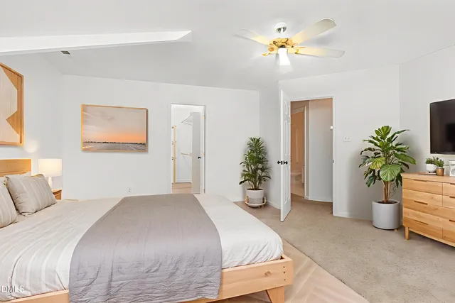 a bedroom with a potted plant and a chandelier