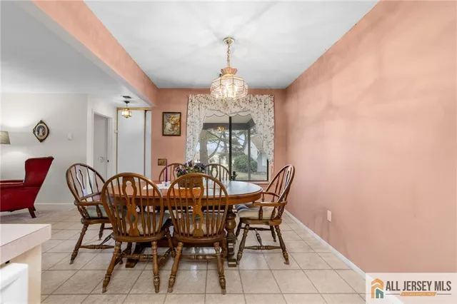 a view of a dining room with furniture and window