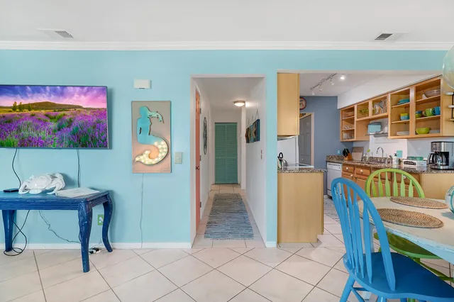 a view of a dining room with furniture