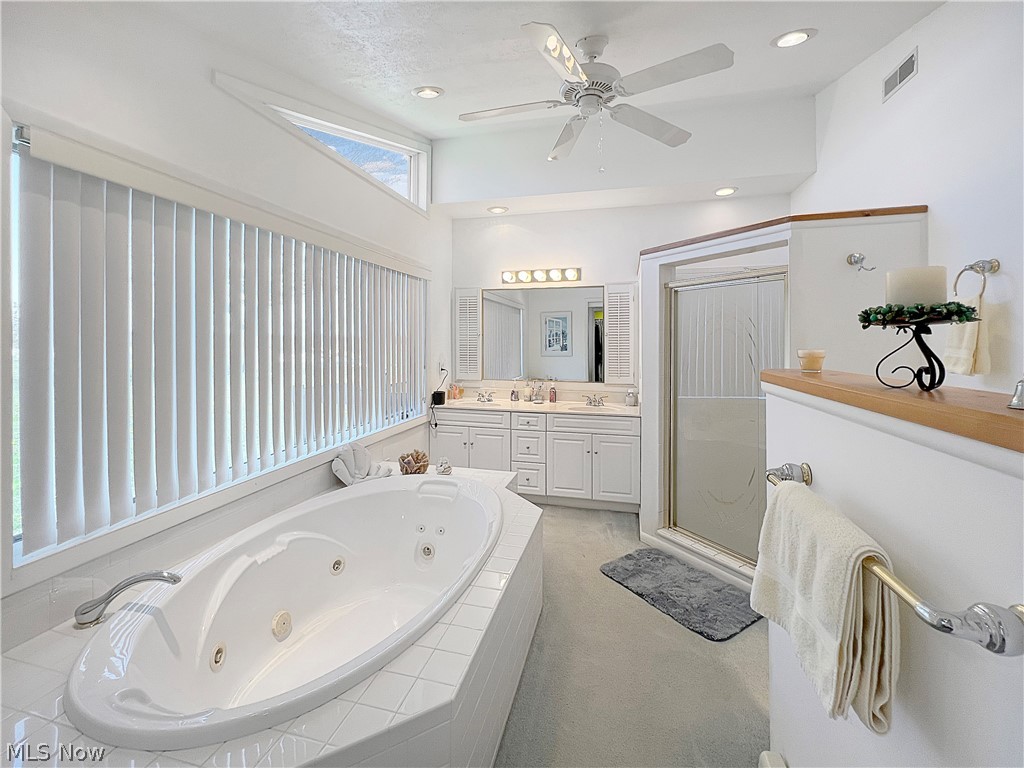 4663 East Harbor Road Port Clinton, OH 43452 - Photo 19 of 31 Bathroom featuring walk in shower, ceiling fan, lofted ceiling, a textured ceiling, and vanity