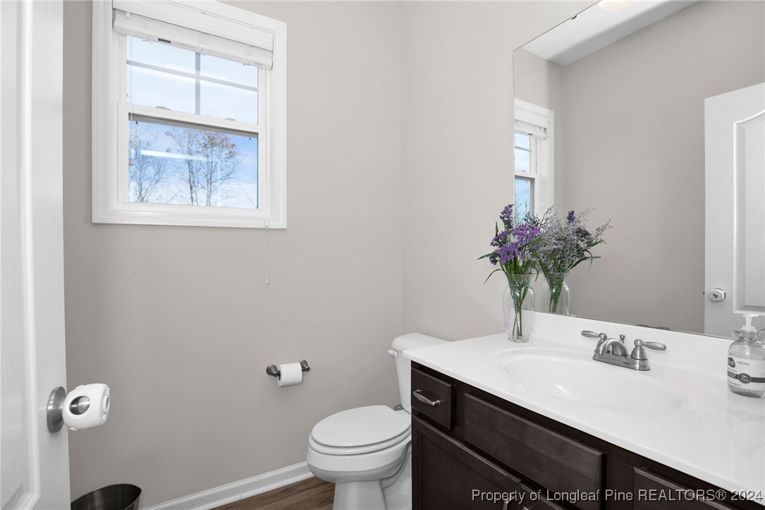 181 Chatfield Dr. Raeford, NC 28376 - Photo 15 of 36 a bathroom with a granite countertop sink a toilet and a mirror