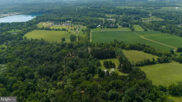an aerial view of residential houses with outdoor space and trees