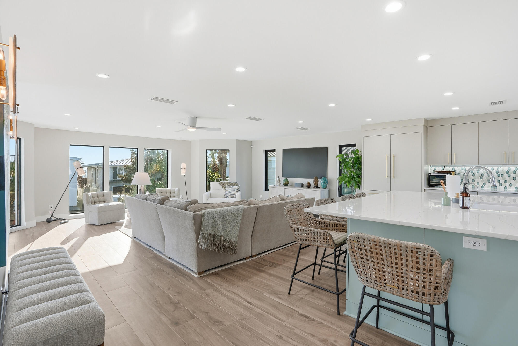 327 Sand Cliffs Drive Inlet Beach, FL 32461 - Photo 24 of 70 a living room with furniture a dining table and kitchen view with wooden floor