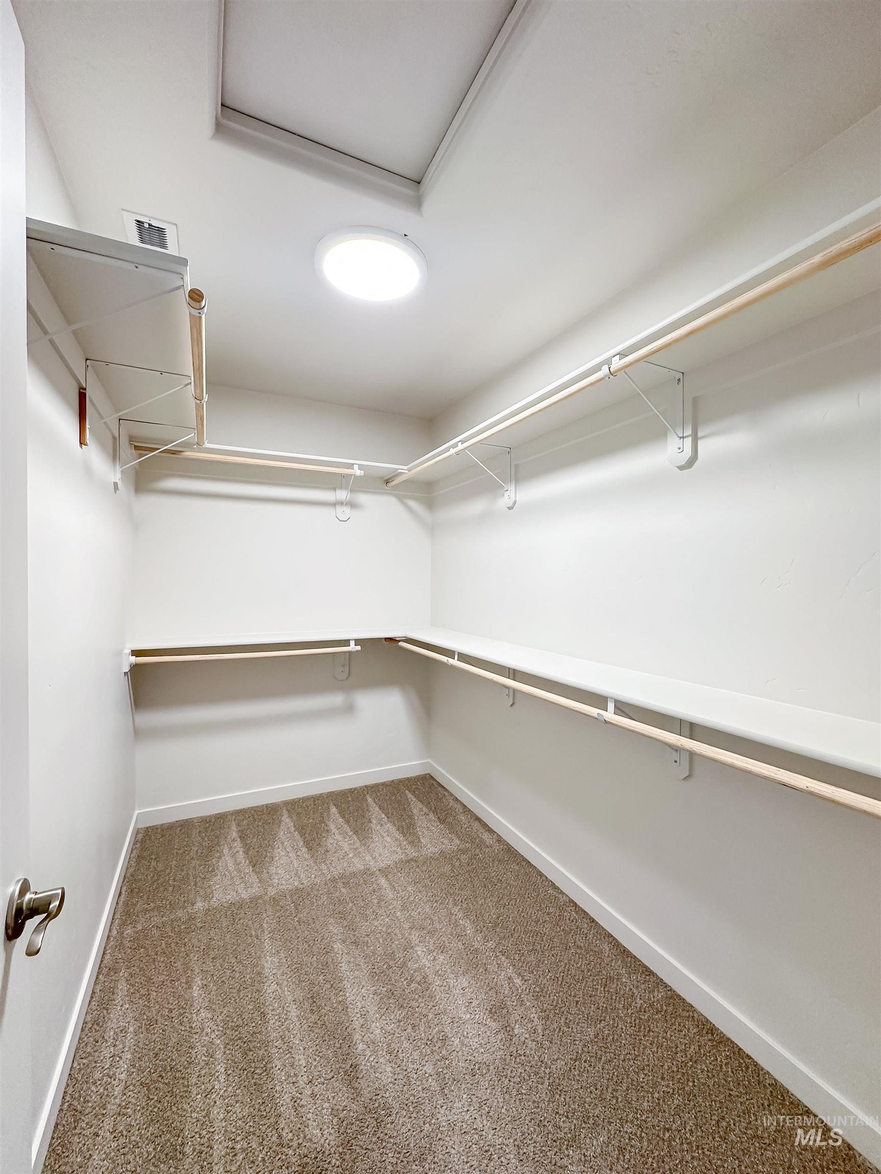9687 West Arnold Road Boise, ID 83714 - Photo 22 of 37 Walk-in closet with carpet flooring, built-in shelving, and hanging rods