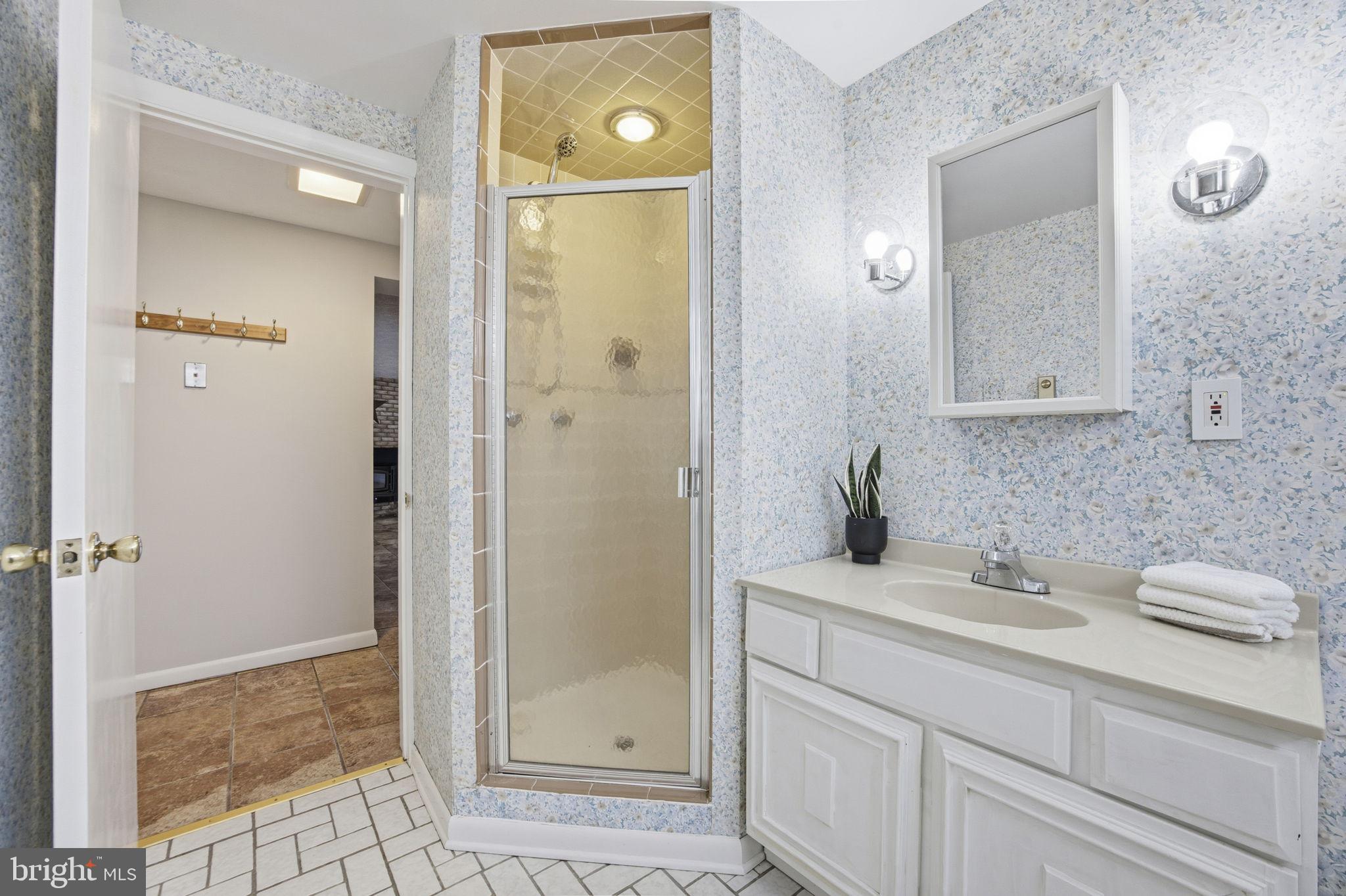 21315 Ridge Road Freeland, MD 21053 - Photo 41 of 69 a bathroom with a granite countertop sink a mirror and a shower