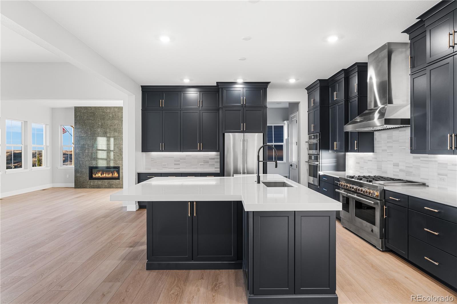 7317 Timberstone Street Castle Pines, CO 80108 - Photo 4 of 49 a large kitchen with stainless steel appliances a stove a sink dishwasher a refrigerator white cabinets wooden floor and a view of living room