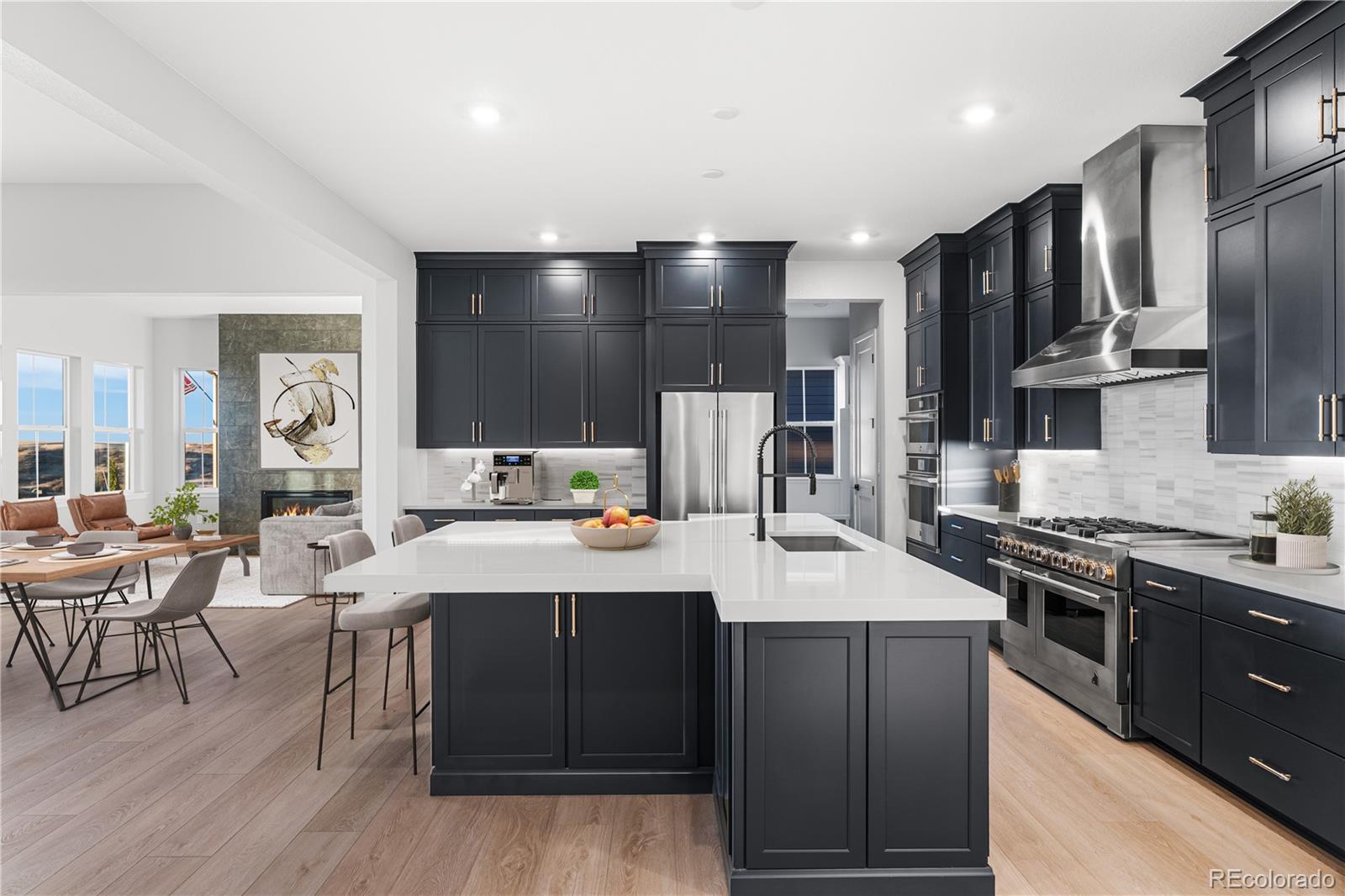 7317 Timberstone Street Castle Pines, CO 80108 - Photo 10 of 49 a large kitchen with stainless steel appliances a sink dishwasher a stove refrigerator and cabinets
