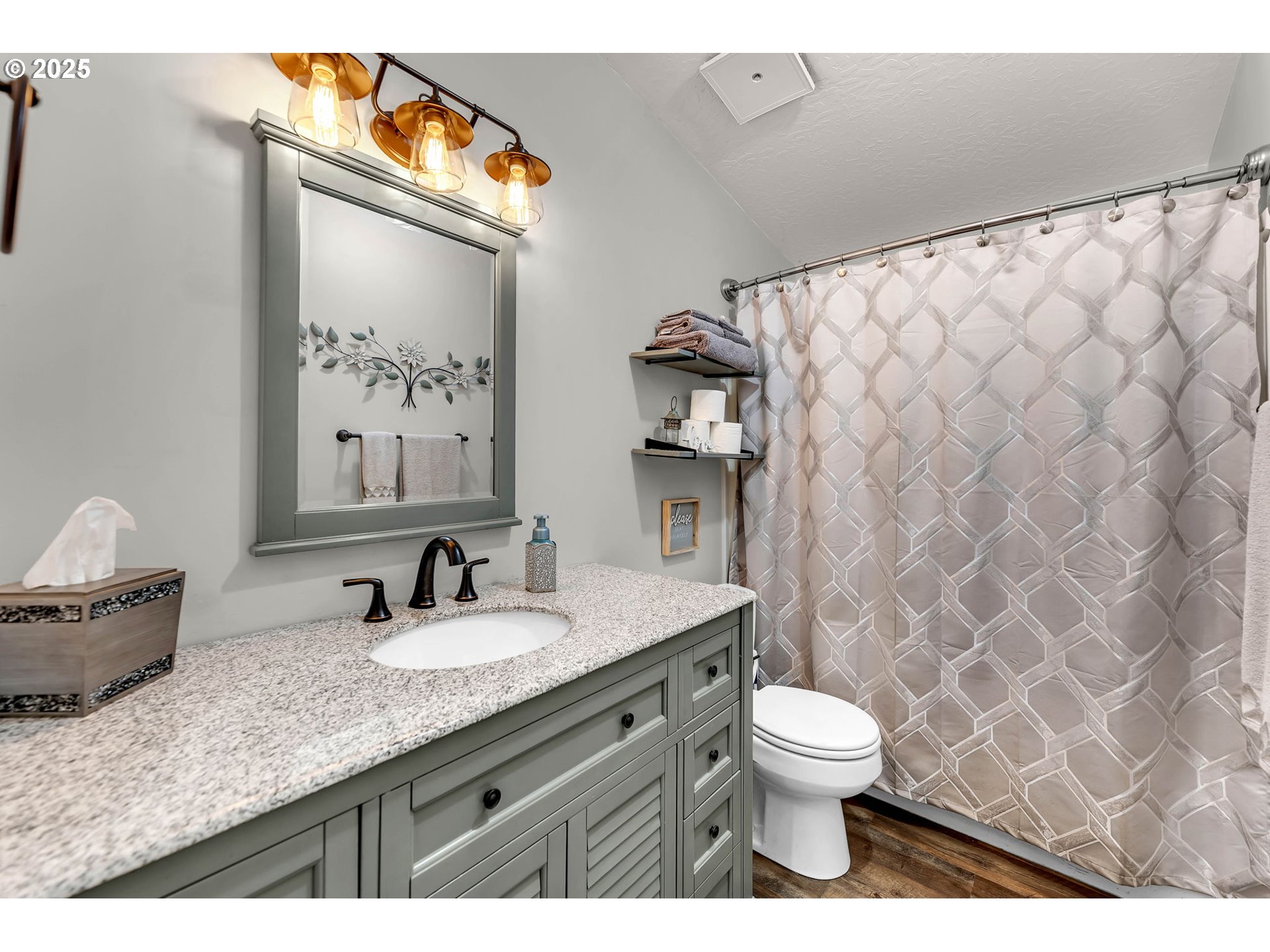 111 Mathany Road Carson, WA 98610 - Photo 31 of 39 a bathroom with a granite countertop toilet a sink and a mirror