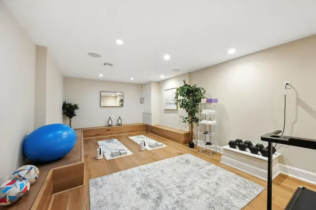 a room with wooden floor and potted plant