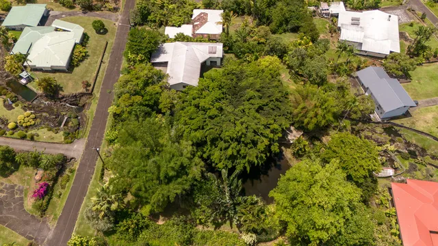 an aerial view of a house with a yard and garden