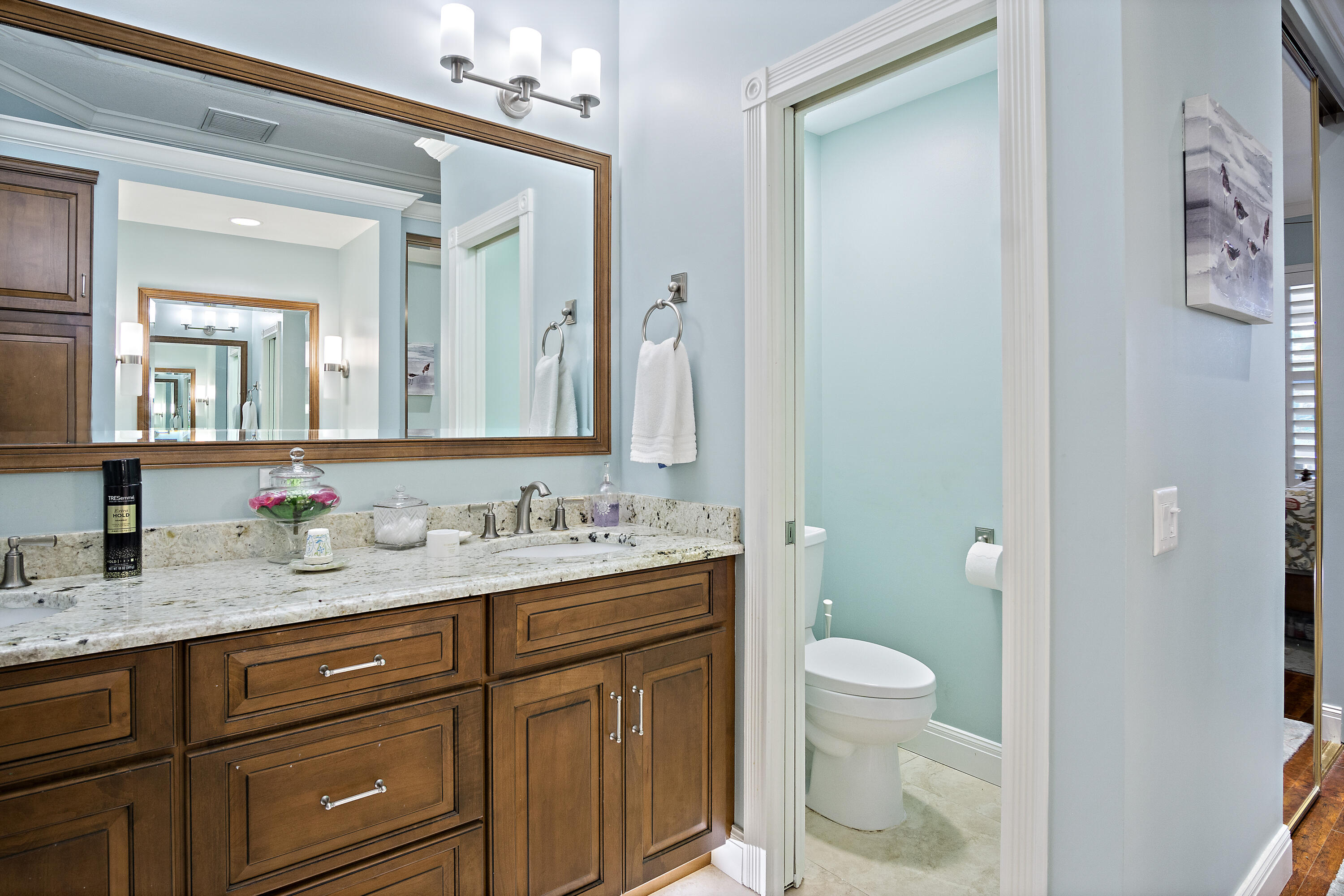 5058 Southeast Inkwood Way Hobe Sound, FL 33455 - Photo 23 of 36 a bathroom with a granite countertop sink vanity mirror and toilet