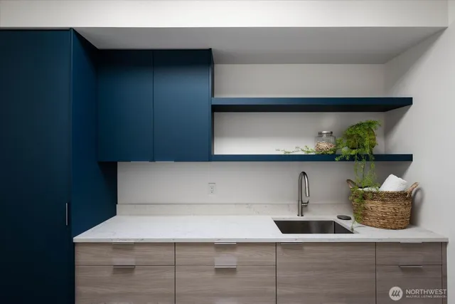 a kitchen with a cabinets and a potted plant