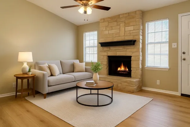 a living room with furniture and a fireplace