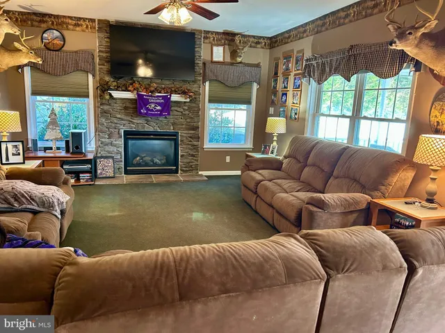 a living room with furniture and a fireplace