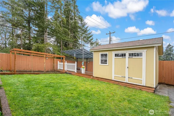 a view of a backyard with plants and a large tree