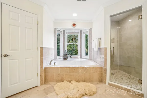 a bathroom with a tub shower and sink
