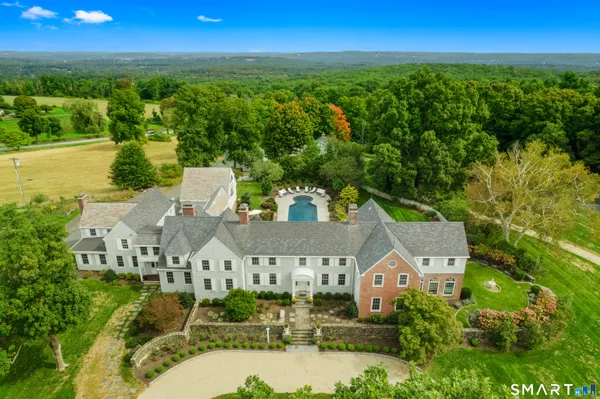 a view of a house with a big yard potted plants and large tree