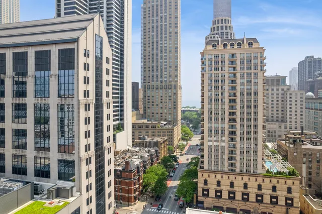 a city view with tall buildings
