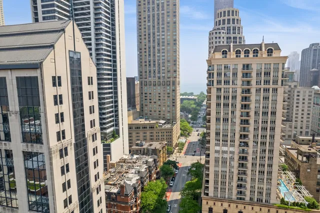 a city view with tall buildings