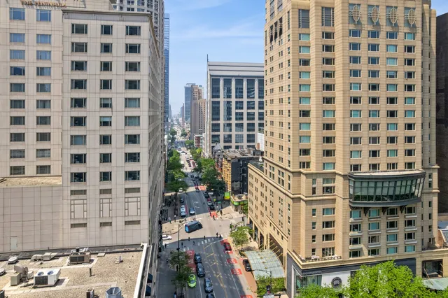 a city view with tall buildings