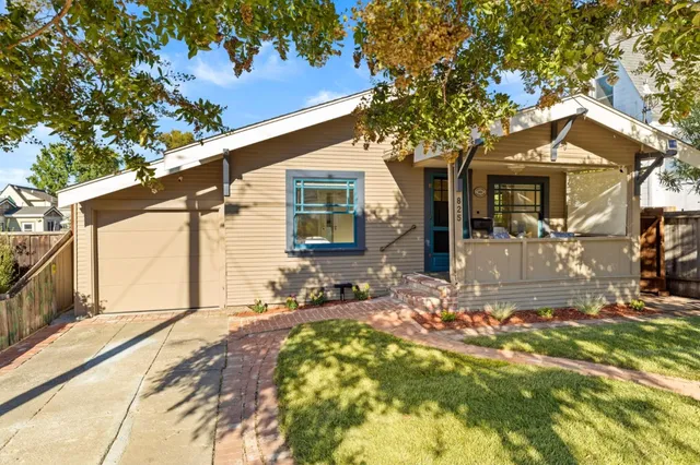 front view of a house with a patio