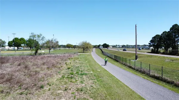 a view of a park with large trees