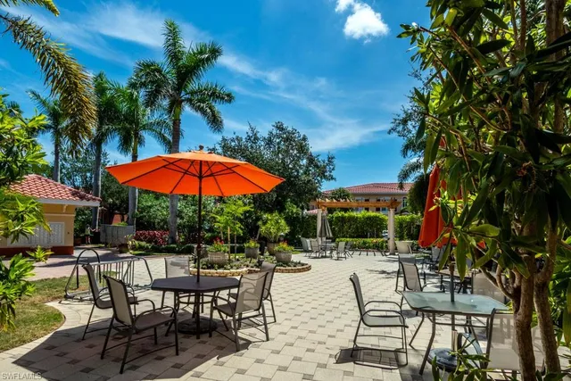 an outdoor space with seating