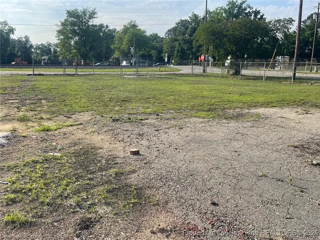 a view of a park with large trees