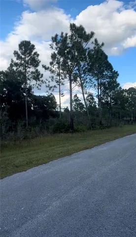 a view of a field of grass and trees