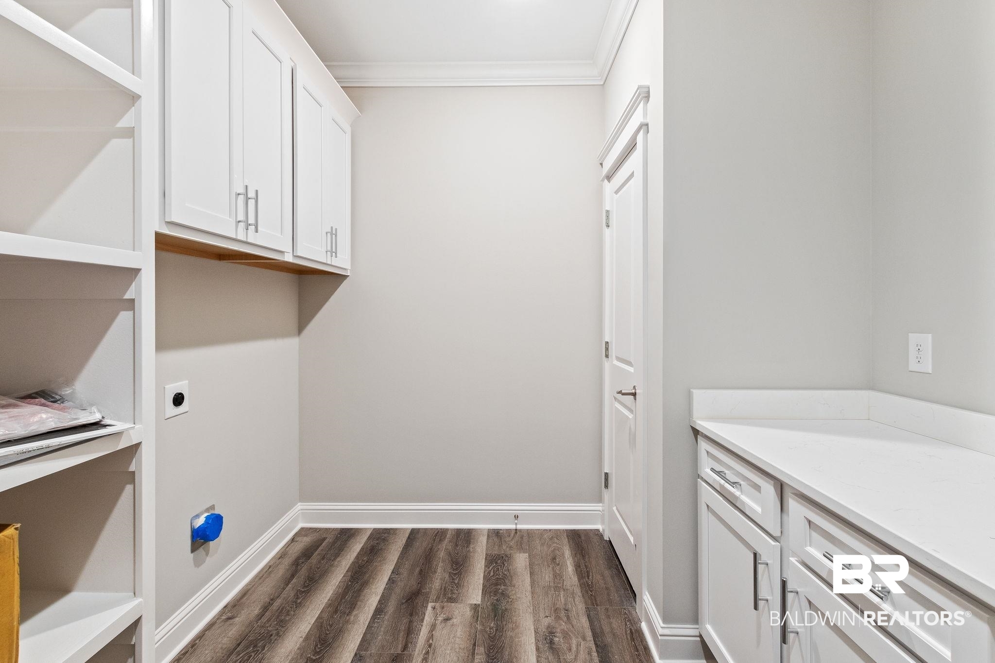 12441 Reunion Place Foley, AL 36535 - Photo 22 of 31 Clothes washing area with cabinets, hookup for an electric dryer, ornamental molding, and dark hardwood / wood-style floors
