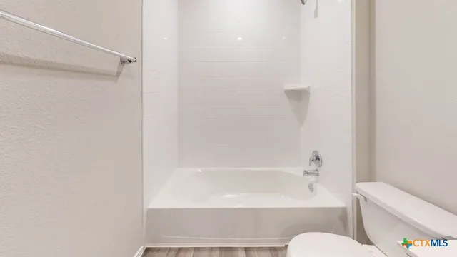 a bathroom with a bathtub and a toilet