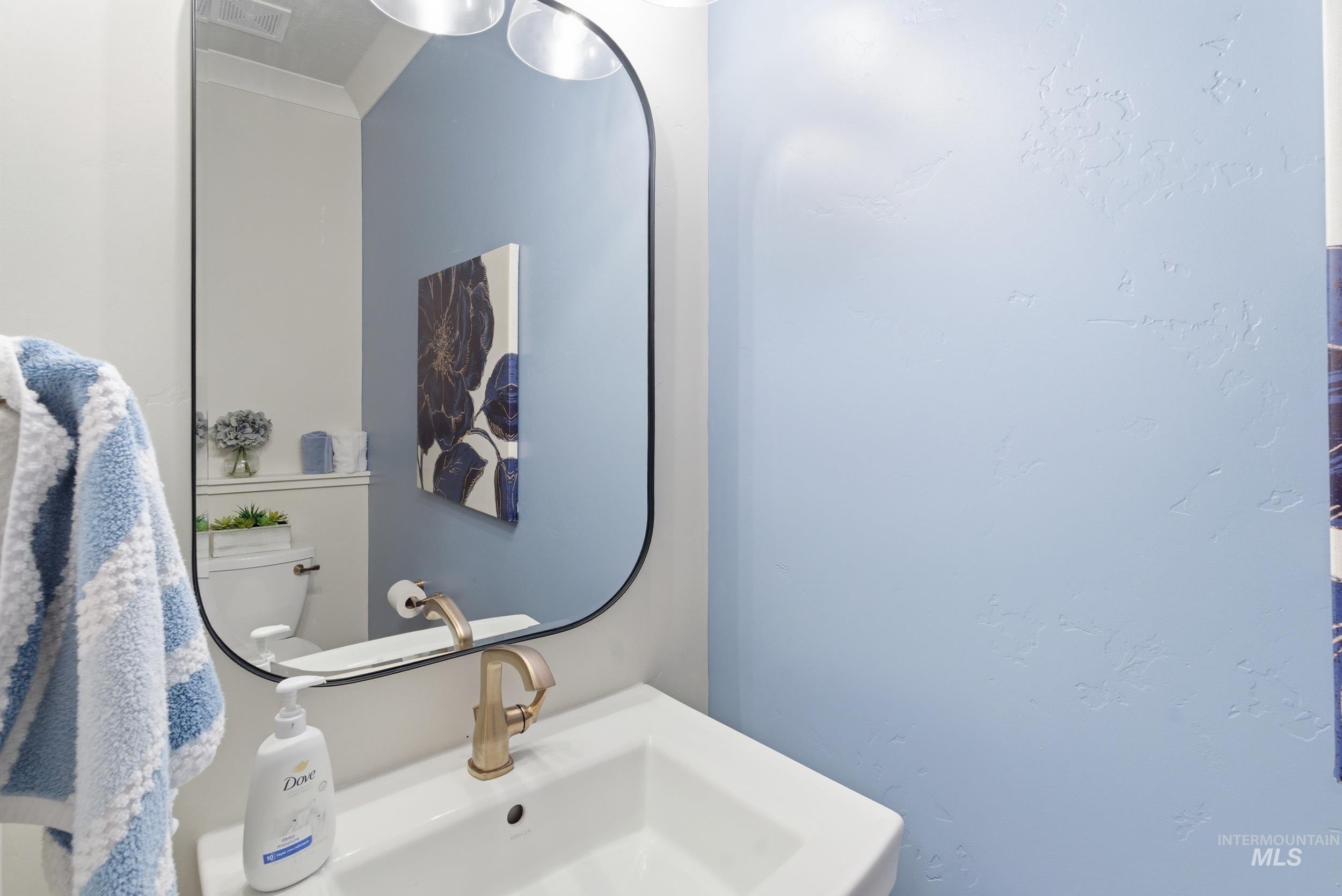 6347 South Utmost Lane Meridian, ID 83642 - Photo 29 of 37 Pedestal sink with a single-handle brass-finish faucet, framed by a rounded rectangular mirror with a black frame
