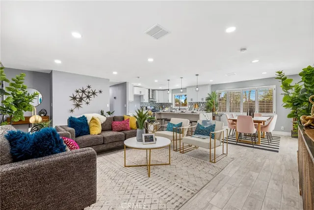 a living room with lots of furniture and a potted plant