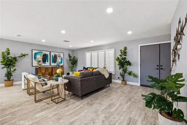 a living room with furniture and a potted plant