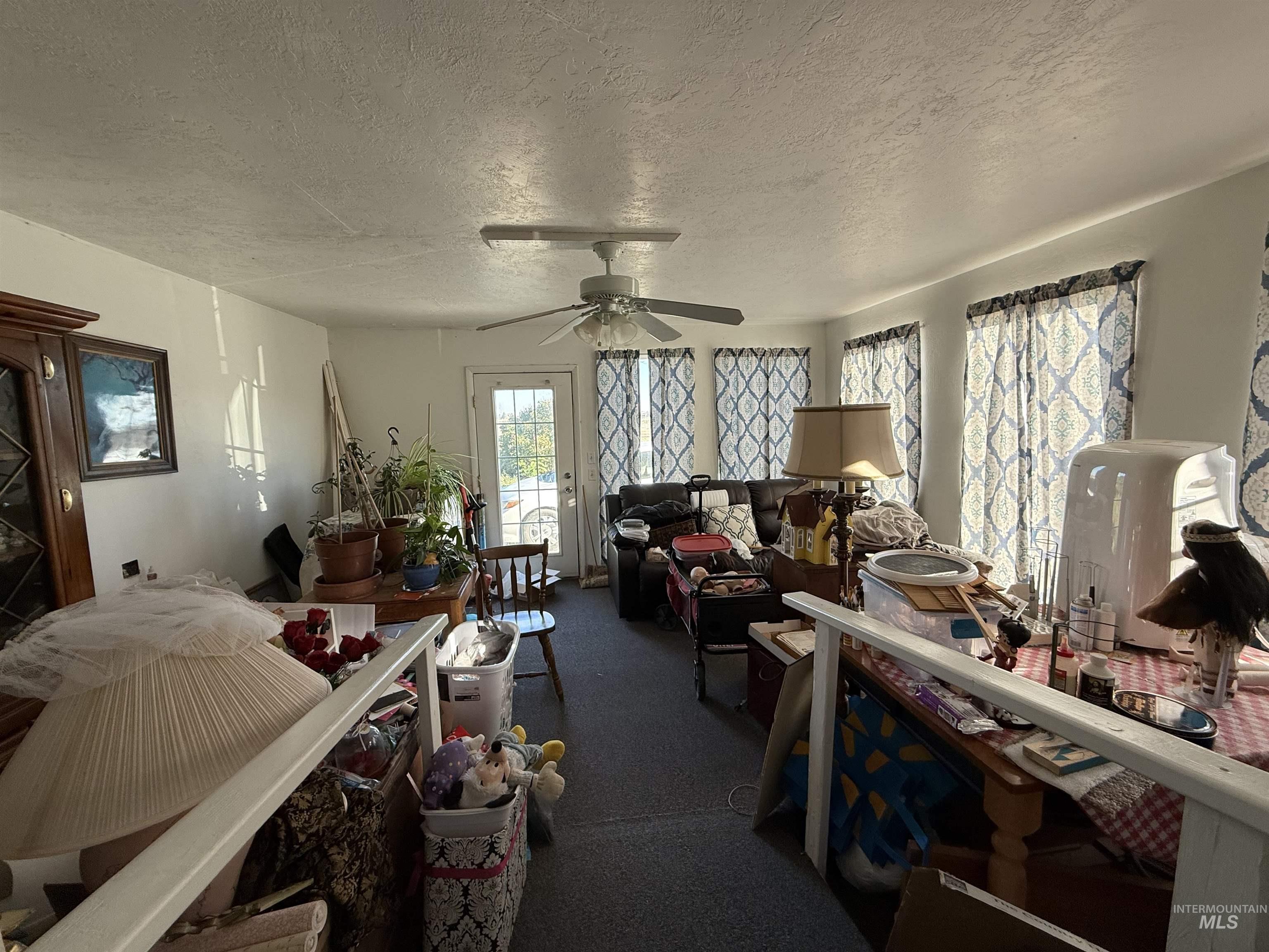 19241 West Homedale Road Caldwell, ID 83607 - Photo 33 of 35 Living area featuring a textured ceiling, dark carpet, and a ceiling fan