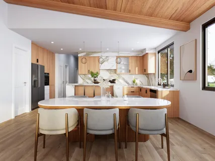 a dining table with chairs and wooden floor
