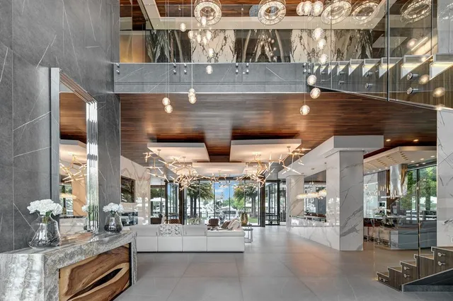 a view of a room with shelves on the wall