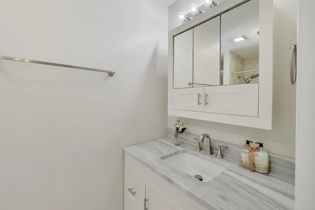 a bathroom with a sink and a mirror