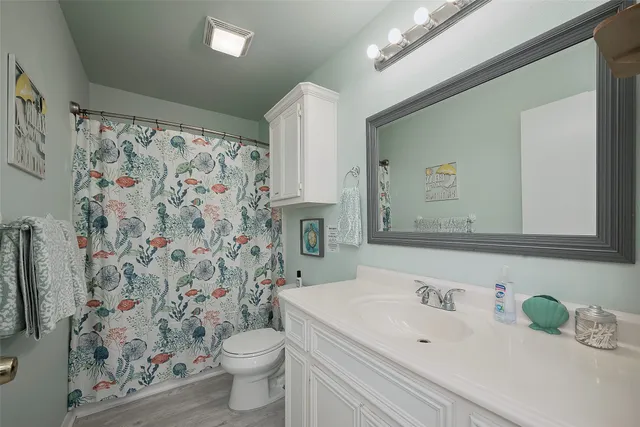 a bathroom with a sink toilet and shower