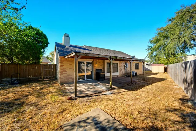 a view of a backyard with plants and large tree