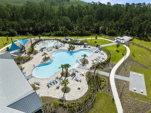 an aerial view of a swimming pool and outdoor space