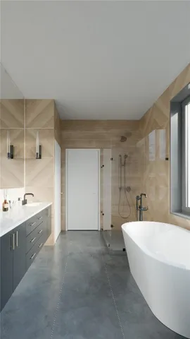 a bathroom with a bathtub and a sink