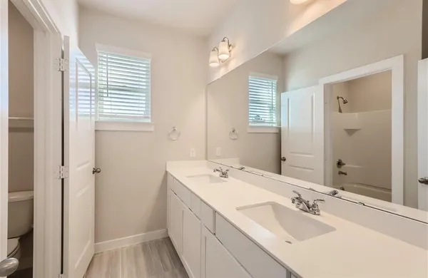 a bathroom with a double vanity sink a mirror and a shower
