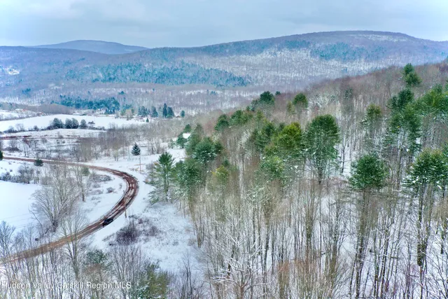 an aerial view of a house with a mountain and trees